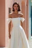 White Off the Shoulder A-Line Midi Wedding Dress