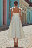 White Spaghetti Straps A-Line Midi Wedding Dress with Bow
