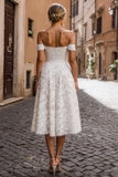 White A-Line Off the Shoulder Lace Midi Wedding Dress with Appliques