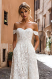 White A-Line Off the Shoulder Lace Midi Wedding Dress with Appliques
