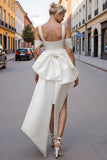 White Cold Shoulder Sheath Mini Wedding Dress with Bow