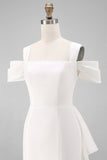 White Cold Shoulder Sheath Mini Wedding Dress with Bow