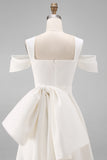 White Cold Shoulder Sheath Mini Wedding Dress with Bow