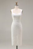 Ivory Sheath Spaghetti Straps Lace Appliqued Midi Wedding Dress