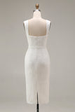 Ivory Sheath Spaghetti Straps Lace Appliqued Midi Wedding Dress