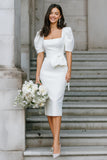 White Square Neck Sheath Midi Wedding Dress