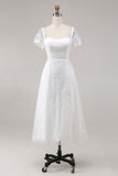 Ivory Lace A Line Midi Wedding Dress with Cap Sleeves