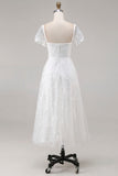 Ivory Lace A Line Midi Wedding Dress with Cap Sleeves