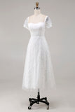 Ivory Lace A Line Midi Wedding Dress with Cap Sleeves