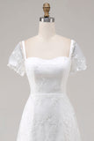 Ivory Lace A Line Midi Wedding Dress with Cap Sleeves