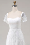 Ivory Lace A Line Midi Wedding Dress with Cap Sleeves