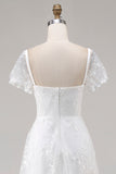 Ivory Lace A Line Midi Wedding Dress with Cap Sleeves