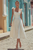 White A Line Satin Spaghetti Straps Wedding Dress