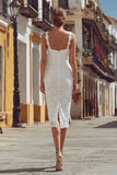 Ivory Corset Spaghetti Straps Lace Midi Wedding Dress