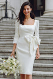 Ivory Bodycon Square Neck Midi Wedding Dress with Sleeves
