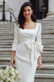 Ivory Bodycon Square Neck Midi Wedding Dress with Sleeves