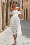 Ivory Lace Off the Shoulder Midi Wedding Dress