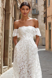 Ivory Lace Off the Shoulder Midi Wedding Dress