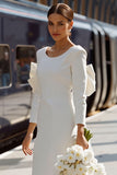 White Bodycon Round Neck Long Sleeve Midi Wedding Dress with Bow