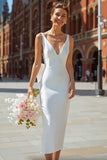 White V-Neck Sheath Midi Courthouse Wedding Dress with Bow