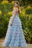 Blue A-Line Floral Tiered Ruffle Corset Long Prom Dress with Slit