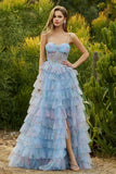 Blue A-Line Floral Tiered Ruffle Corset Long Prom Dress with Slit