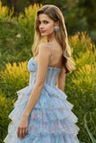 Blue A-Line Floral Tiered Ruffle Corset Long Prom Dress with Slit