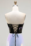 Sparkly Black and Lilac Sequin Floral Mermaid Corset Strapless Long Prom Dress