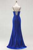 Royal Blue Mermaid Corset Ruched Lace Up Back Long Prom Dress with Slit