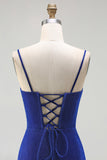Royal Blue Mermaid Corset Ruched Lace Up Back Long Prom Dress with Slit