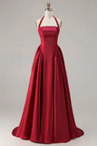 Burgundy  A Line Halter Beaded Satin Long Prom Dress with Lace Up Back