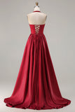Burgundy  A Line Halter Beaded Satin Long Prom Dress with Lace Up Back