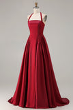 Burgundy  A Line Halter Beaded Satin Long Prom Dress with Lace Up Back