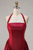Burgundy  A Line Halter Beaded Satin Long Prom Dress with Lace Up Back