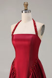 Burgundy  A Line Halter Beaded Satin Long Prom Dress with Lace Up Back