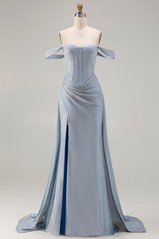 Sparkly Off The Shoulder Mermaid Dusty Blue Beaded Long Corset Prom Dress with Slit