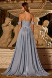 Sparkly Dusty Blue Off The Shoulder Mermaid Corset Satin Long Prom Dress with Slit
