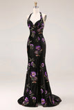 Mermaid Black Velvet Halter Embroidered Sequin Long Prom Dress with Slit