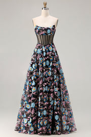 Strapless Black A Line Sheer Corset Print Floral Long Prom Dress with Slit