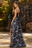 Black Strapless Floral A Line Sheer Corset Long Prom Dress with Slit