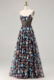 Strapless Black A Line Sheer Corset Print Floral Long Prom Dress with Slit