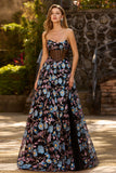 Black Strapless Floral A Line Sheer Corset Long Prom Dress with Slit