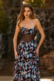 Black Strapless Floral A Line Sheer Corset Long Prom Dress with Slit