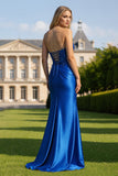 Royal Blue Strapless Mermaid Beaded Satin Long Prom Dress with Slit