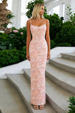 Blush Pink Sheath Sequin Corset Spaghetti Straps Long Prom Dress