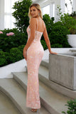Blush Pink Sheath Sequin Corset Spaghetti Straps Long Prom Dress