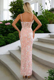 Blush Pink Sheath Sequin Corset Spaghetti Straps Long Prom Dress