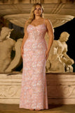 Blush Pink Sheath Sequin Corset Spaghetti Straps Long Prom Dress
