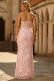 Blush Pink Spaghetti Straps Sheath Corset Long Plus Size Prom Dress with Appliques