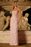 Blush Pink Sheath Sequin Corset Spaghetti Straps Long Prom Dress